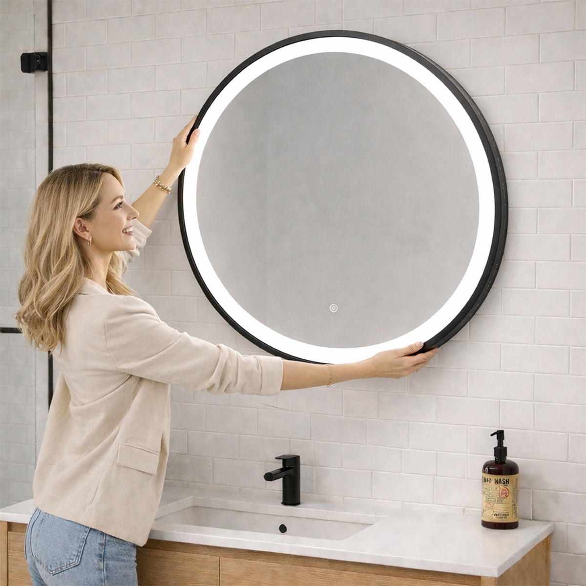 SPHERE - Battery Powered 27.5” dia. Framed Illuminating Mirror - Black